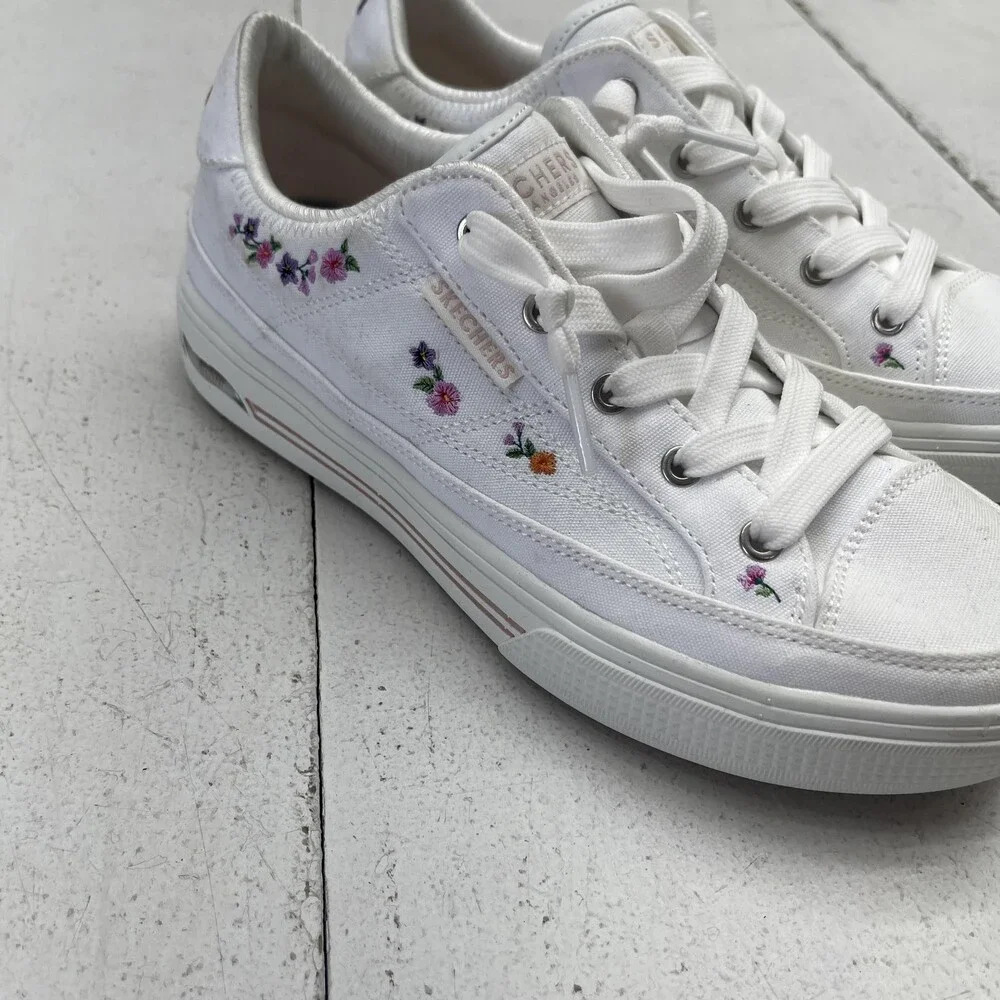 Skechers Air-Cooled Arch Fit Shoes Womens Size 7 White Floral Sneakers Walking - Picture 2 of 10